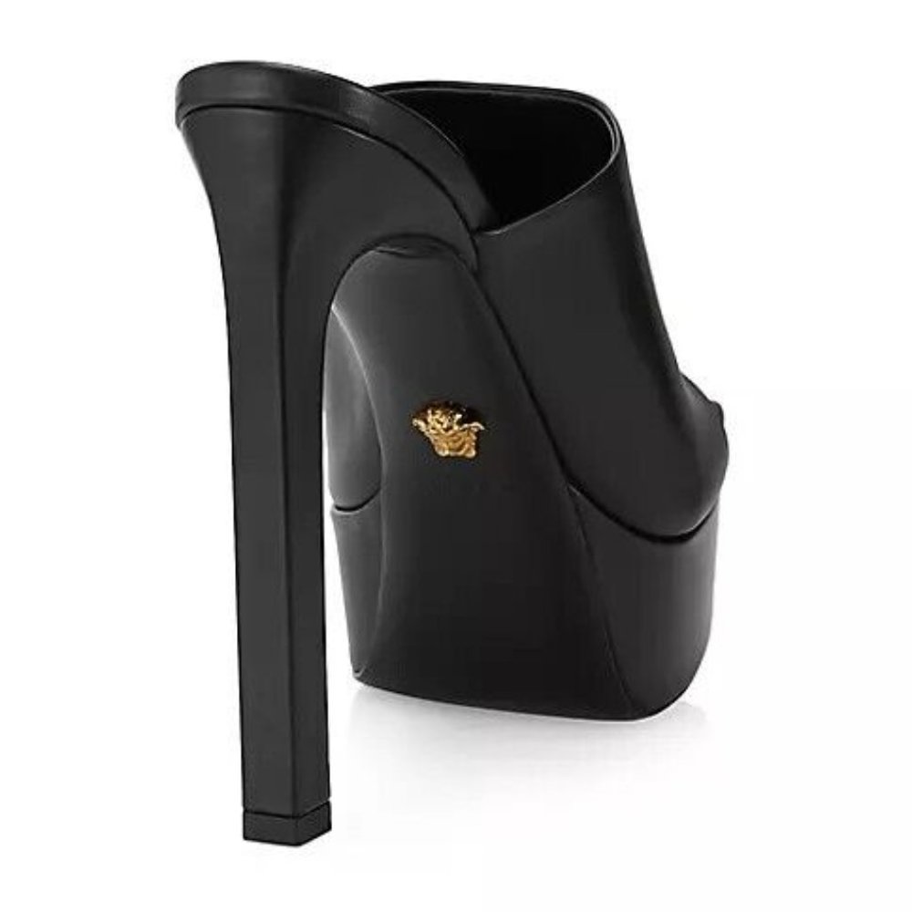 Versace La Medusa Gold 140MM Leather Platform Mules/Sandal Black Size 38/5 - Picture 3 of 16